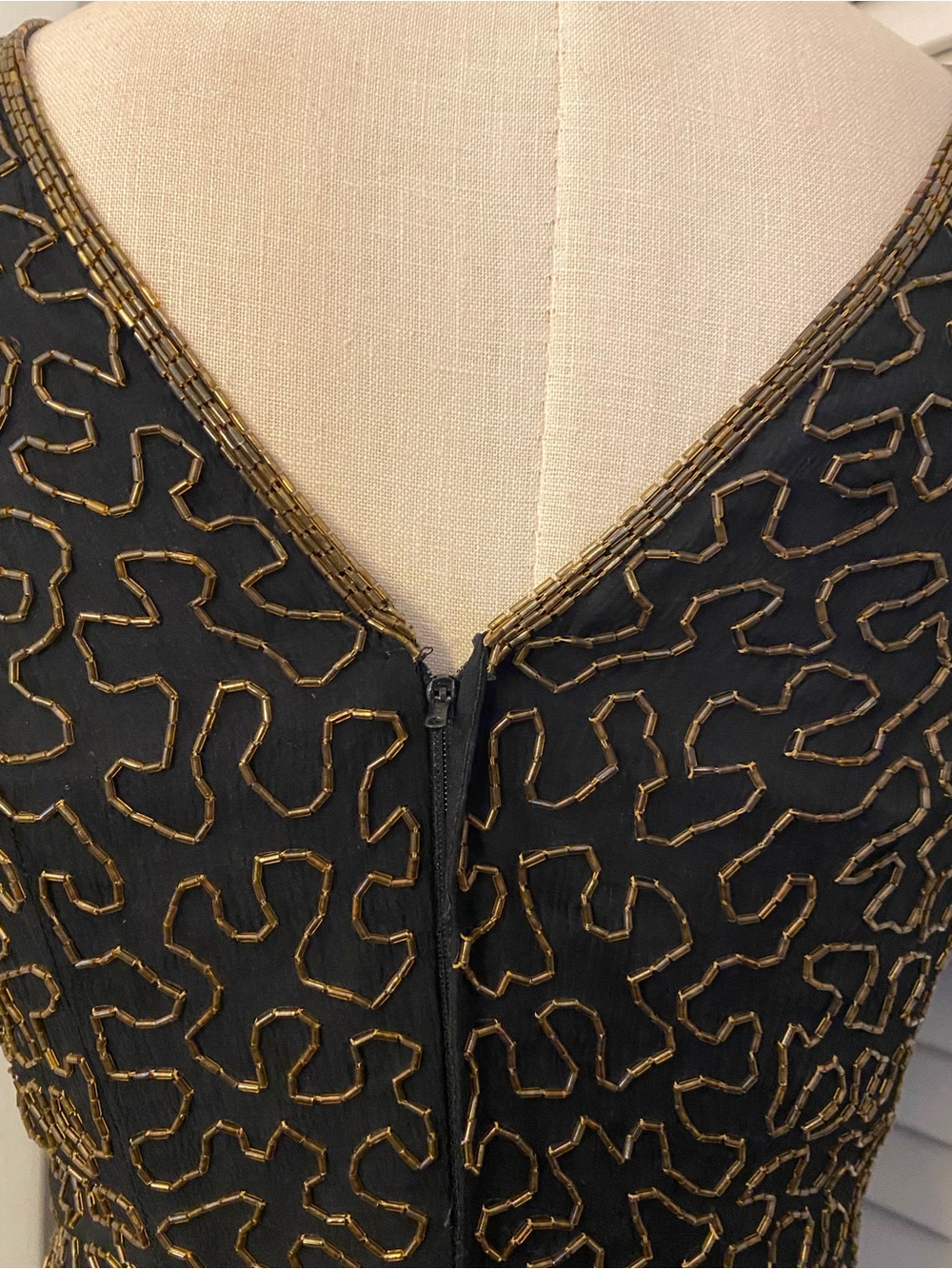 Vintage 80’s “Joan Leslie” Black Silk w/ Gold Beading Cocktail Dress- Size 4P - Picture 6 of 8